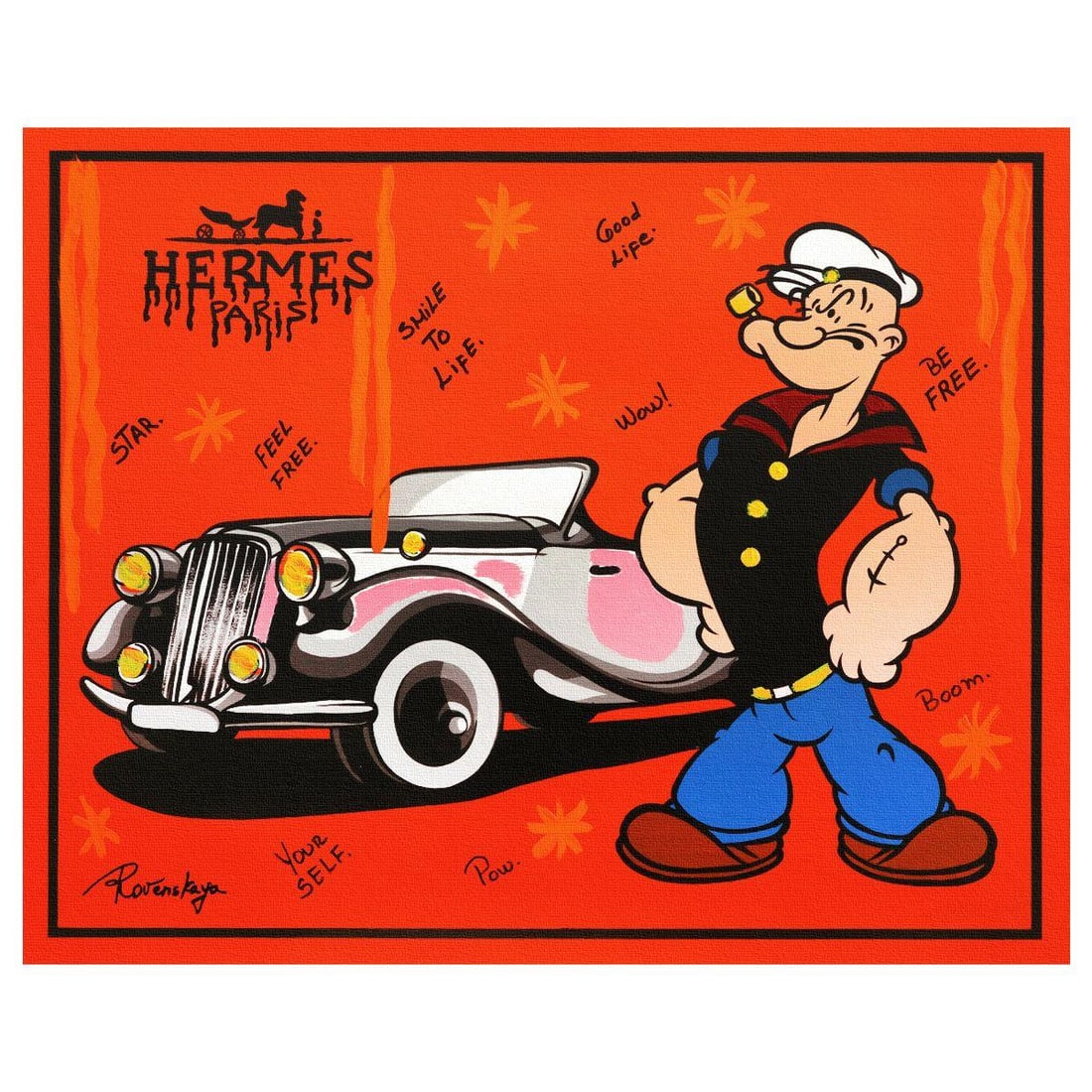 Nastya Rovenskaya- Original Mixed Media on Canvas "Classic Ride": Artist: Nastya Rovenskaya. Medium: Original Mixed Media on Canvas. Title: Classic Ride. Size: 16" x 20". Signature: Hand signed. Certificate of Authenticity: Is included. Reference#: 70964.