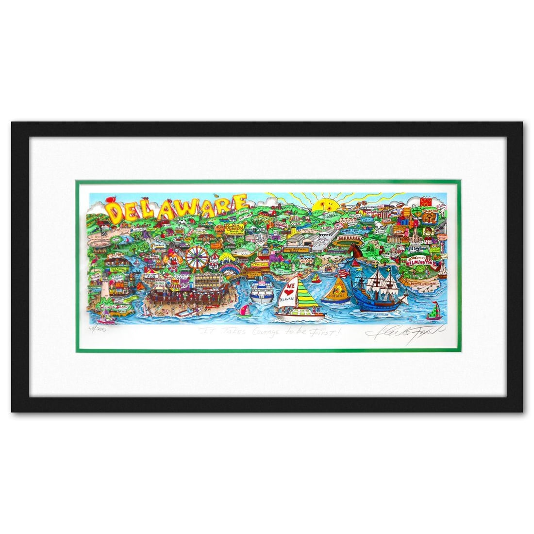 Charles Fazzino- 3D Construction Silkscreen Serigraph "It Takes Courage to be First!": Artist: Charles Fazzino. Medium: 3D Construction Silkscreen Serigraph. Title: It Takes Courage to be First!. Size: 8" x 19". Measures approx. 14" x 25" (framed). Signature: Hand signed and numbered. C