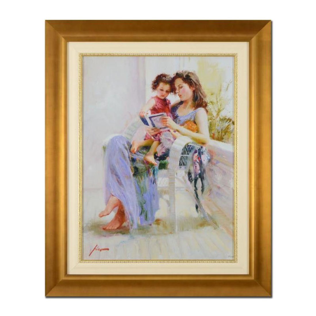 Pino (1939-2010), "Book of Poems" Framed Limited Edition Hand Embellished Giclee on Canvas. Numbered: Pino's portraits allow glimpses into intensely personal, intimate spaces, conveying emotion through rich, warm color and sensual brushwork. "Book of Poems" is a hand embellished limited edition giclee