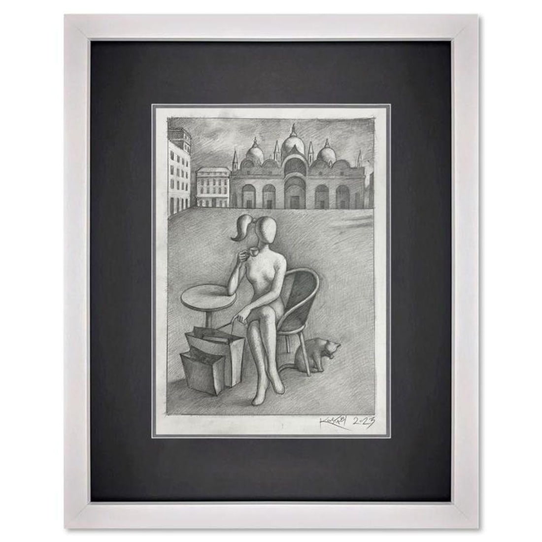 Mark Kostabi, "Waiting for Mark" Framed Original Drawing on Paper, Hand Signed with Certificate of: Waiting for Mark is an original drawing on paper by Mark Kostabi, hand signed by the artist. This piece comes custom framed. Includes Certificate of Authenticity. Measures approx. 19.5" x 15.5" (frame