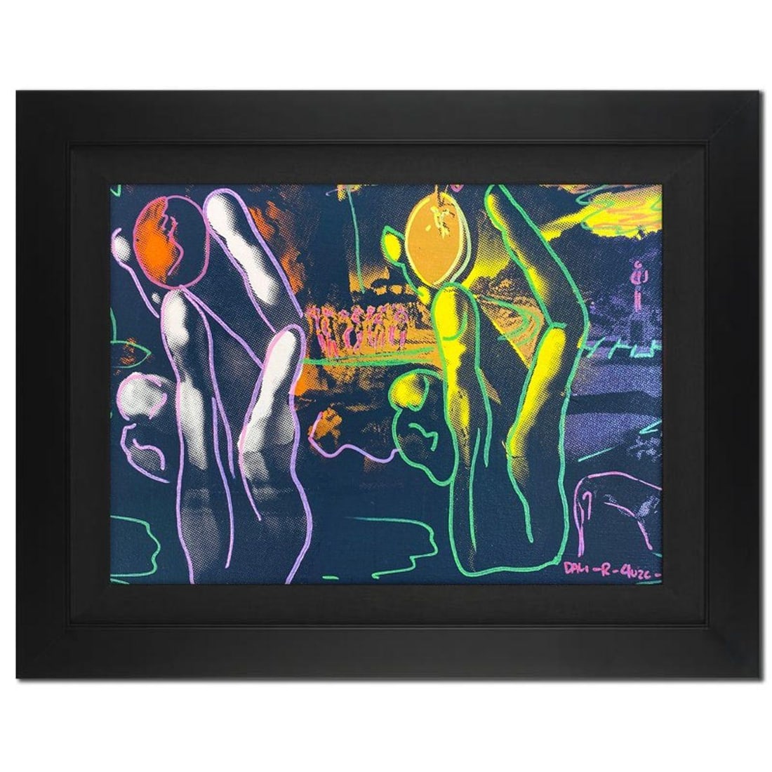 Ringo Daniel Funes, "Salvador Dali Hand Holding Eggs" Framed One-of-a-Kind Mixed Media on Canvas,: Salvador Dali Hand Holding Eggs is a one-of-a-kind hand-pulled mixed media silkscreen on canvas by Ringo (Daniel Funes) - protege of Andy Warhol's apprentice, Steve Kaufman.This piece is hand signed b