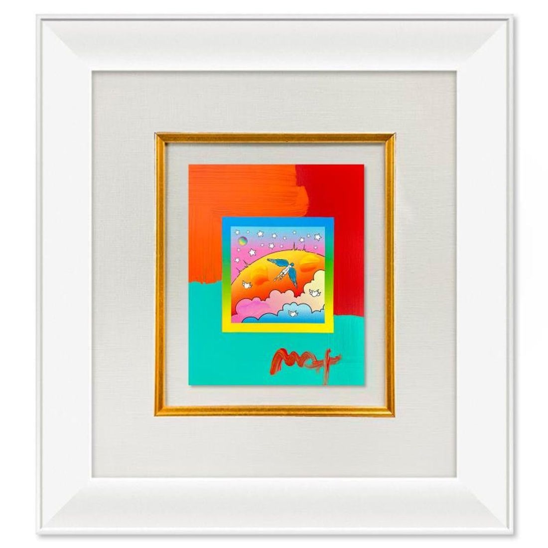 Peter Max, "Angel with Clouds" Framed One-of-a-Kind Acrylic Mixed Media, Hand Signed with: Angel with Clouds is a one-of-a-kind acrylic mixed media on paper, hand signed by Peter Max. The piece comes custom framed with a backside cutout to display Peter Max Studio registration number 328860