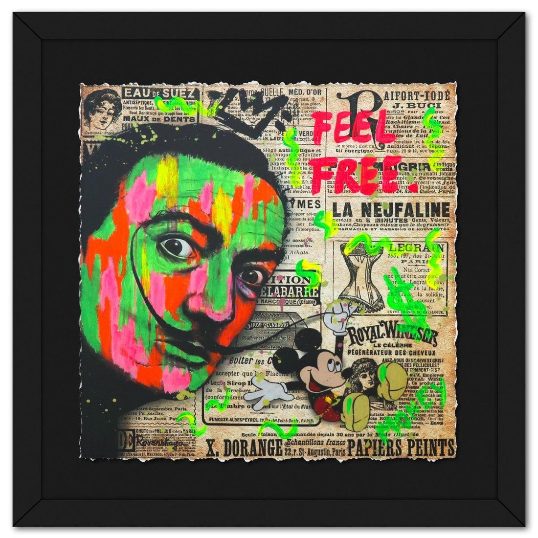 Nastya Rovenskaya- Original Mixed Media on Deckle Edge Paper "Playing His Mustache II": Artist: Nastya Rovenskaya. Medium: Original Mixed Media on Deckle Edge Paper. Title: Playing His Mustache II. Size: 16" x 16". Measures approx. 22" x 22" (framed). Signature: Hand Signed by the