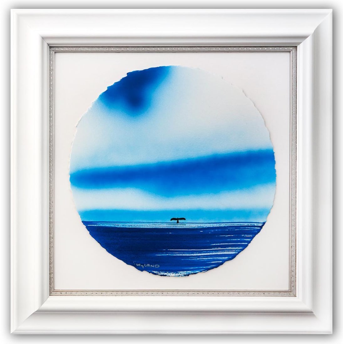 Wyland- Original Watercolor Painting on Deckle Edge Paper "Fluke": Artist: Wyland. Medium: Original Watercolor Painting on Deckle Edge Paper. Title: Fluke. Size: 19" x 19". Measures approx. 30" x 30" (framed). Signature: Hand Signed by the artist. Certificate of Auth