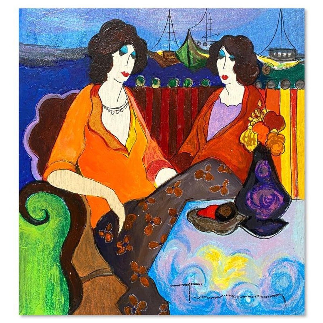 Itzchak Tarkay (1935-2012), "At the Port" One-of-a-Kind Mixed Media Over Paint on Wood, Hand Signed (1 of 2)