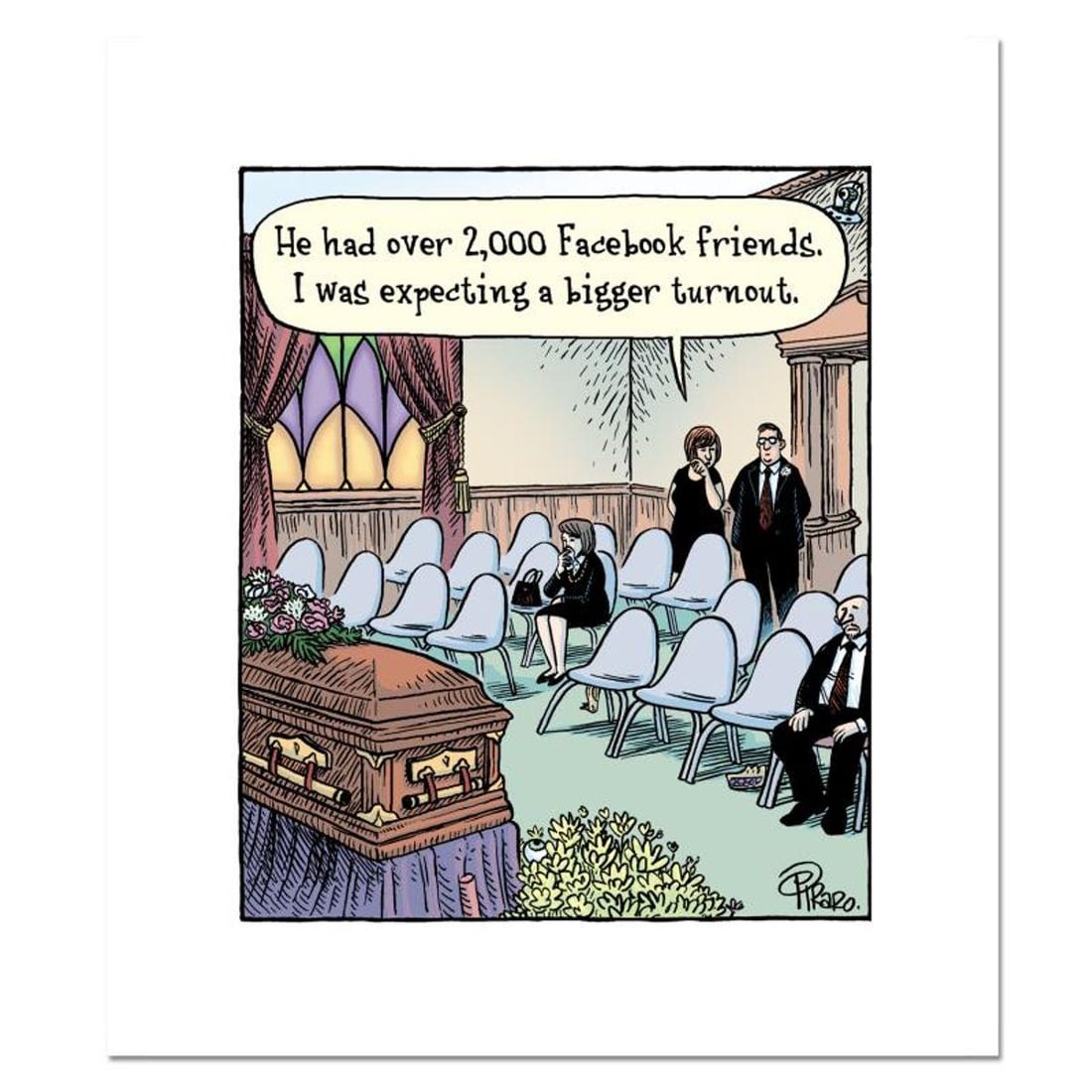 Bizarro, "Facebook Funeral" Numbered Limited Edition Hand Signed by Creator Dan Piraro; Letter of: Facebook Funeral is a limited edition giclee on paper by Dan Piraro, creator of the critically acclaimed and award winning comic strip, Bizarro! This piece is numbered and hand signed by the artist an