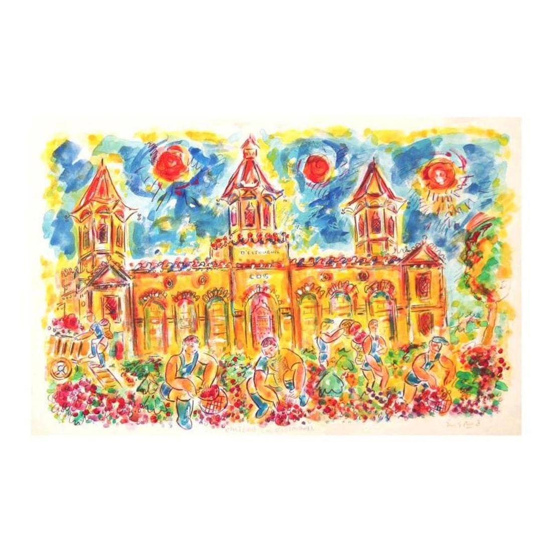 Wayne Ensrud, "Harvest at Cos D'Estournel, Bordeaux" Mixed Media Original Artwork; Hand Signed; COA: Harvest at Cos D'Estournel, Bordeaux is an original Mixed Media on Board by Wayne Ensrud. The piece is hand signed by the artist and comes with a Certificate of Authenticity. Measures approximately 12