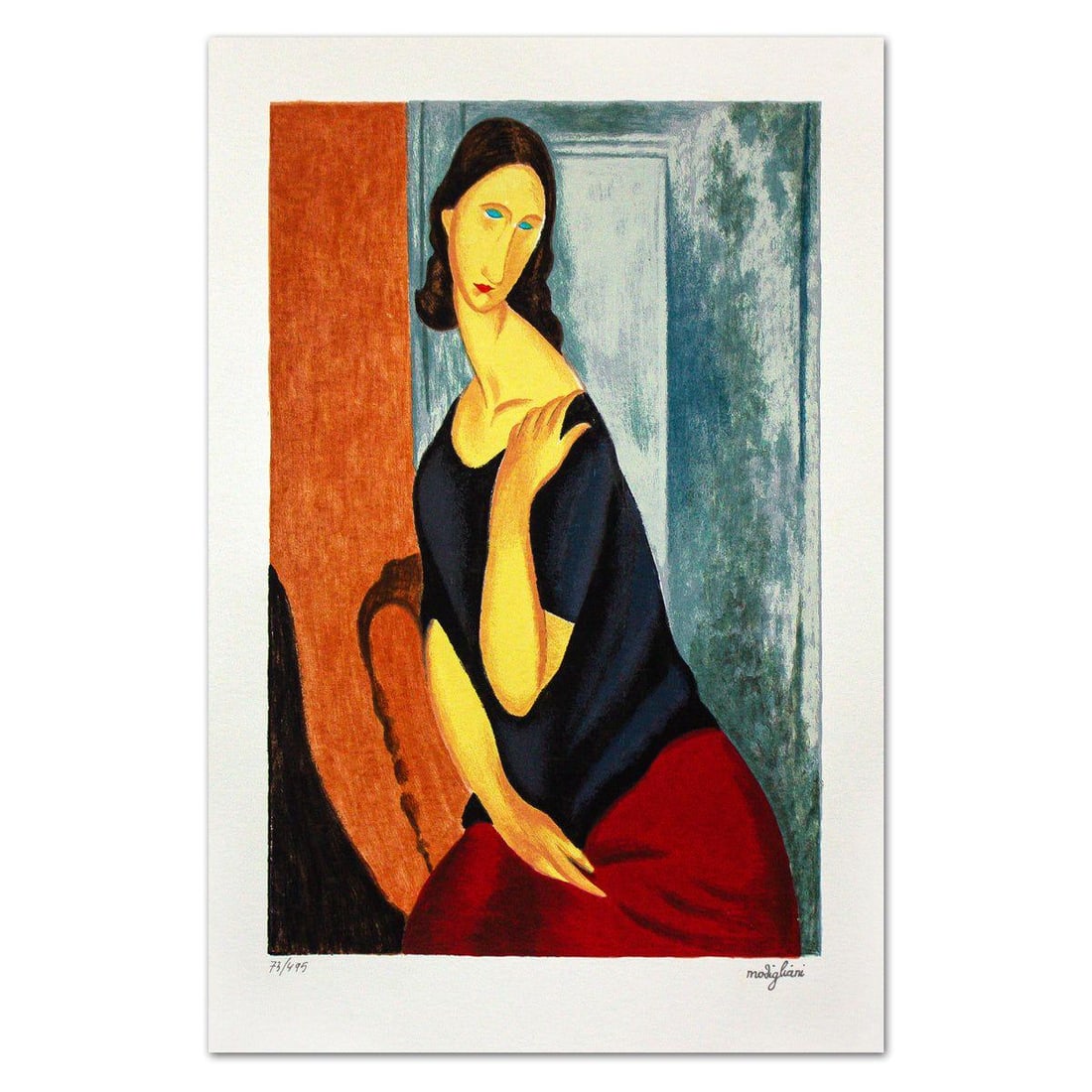Amedeo Modigliani- Serigraph "Jenne Hebuterne Con La Mano Sulla Spalla Sinistra": Artist: Amedeo Modigliani. Medium: Serigraph. Title: Jenne Hebuterne Con La Mano Sulla Spalla Sinistra. Size: 20" x 13.5". Signature: Stamp signed and numbered. Certificate of Authenticity: Is
