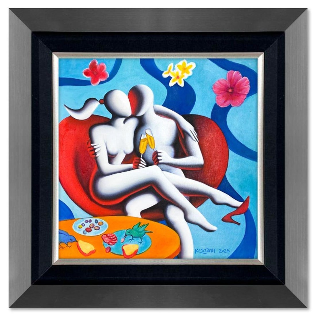 Mark Kostabi, "Lovebirds Revisited" Framed Original Oil Painting on Canvas, Hand Signed with COA: Lovebirds Revisited is an original oil painting on canvas by Mark Kostabi, hand signed by the artist. This piece comes custom framed. Includes Certificate of Authenticity. Measures approx. 30" x 30"