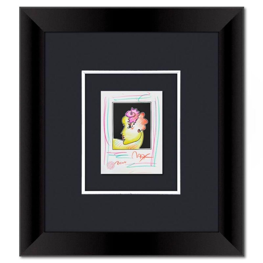 Peter Max, Framed One-of-a-Kind Mixed Media, Hand Signed with Registration Number Certifying: This is a one-of-a-kind mixed media on paper, hand signed by Peter Max. The piece comes custom framed with a backside cutout to display Peter Max Studio registration number 340204 certifying authentic