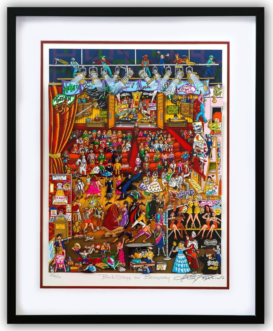 Charles Fazzino- 3D Construction Silkscreen Serigraph "Backstage on Broadway (Red)": Artist: Charles Fazzino. Medium: 3D Construction Silkscreen Serigraph. Title: Backstage on Broadway (Red). Size: 20" x 16". Measures approx. 27" x 22" (framed). Signature: Hand Signed and Numbered by
