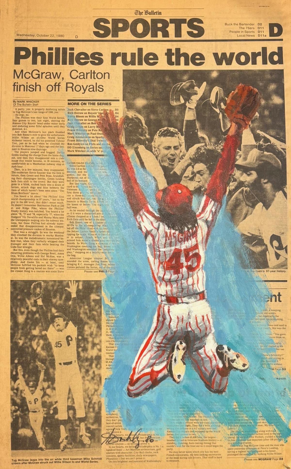 Myer Berkowitz- Original painting on vintage newspaper: Artist: Myer Berkowitz. Medium: Original painting on vintage newspaper. Size: 14" x 24". Signature: Hand Signed. Additional: Dated 1980 newspaper mounted on panel board.. Reference#: A-30877.