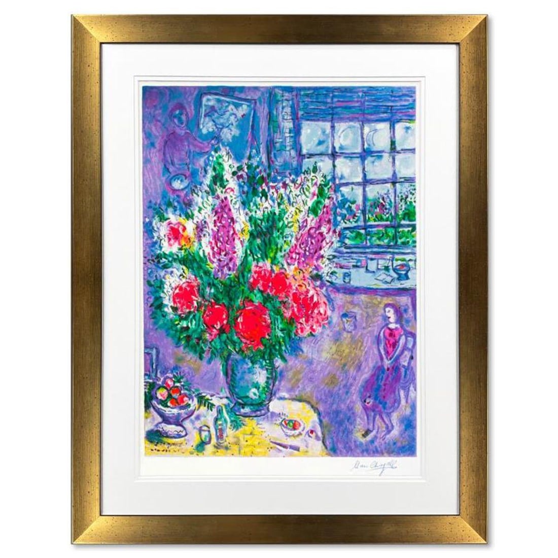 Marc Chagall (1887-1985), "Autoportrait Avec Bouquet" Framed Limited Edition Serigraph with Letter: Autoportrait Avec Bouquet is a framed limited edition serigraph on paper by Marc Chagall (1887-1985). Authorized by the Chagall Estate and ADAGP Paris , the piece is plate signed and comes with a