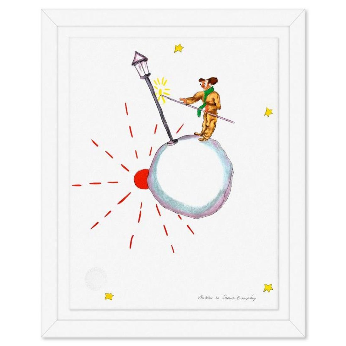 Antoine de Saint-Exupery 1900-1944 (After), "The Lamplighter" Framed Limited Edition Lithograph with: The Lamplighter is a limited edition lithograph on paper by Antoine de Saint-Exupery 1900-1944 (After), bearing the plate signature of the artist.This piece comes from an edition of 300 authorized by