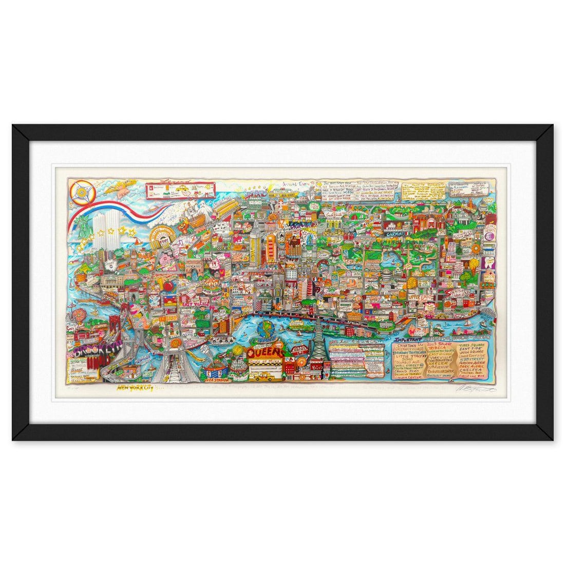 Charles Fazzino- 3D Construction Silkscreen Serigraph "NEW YORK IS": Artist: Charles Fazzino. Medium: 3D Construction Silkscreen Serigraph. Title: NEW YORK IS. Size: 22" x 42". Measures approx. 30" x 51" (framed). Signature: Hand signed and numbered by the artist. Cert