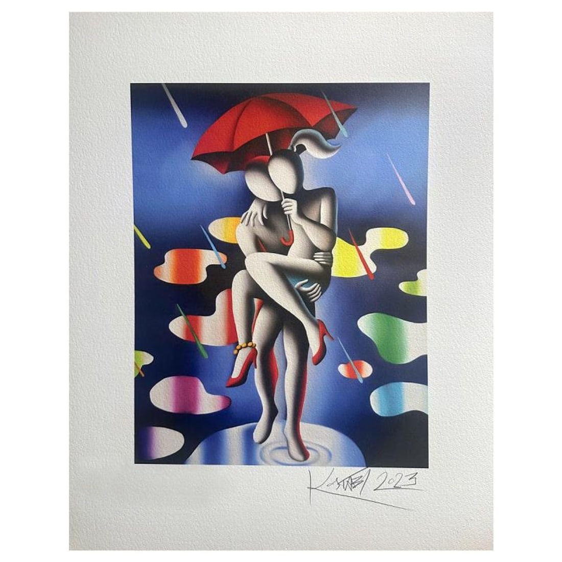 Mark Kostabi, "Passion in the Rain" hand signed limited edition serigraph with Certificate of: Passion in the Rain is a numbered limited edition serigraph on paper by Mark kostabi. Hand signed by the artist the piece comes with a certificate of authenticity. Measures approximately 19.5" x 15" (