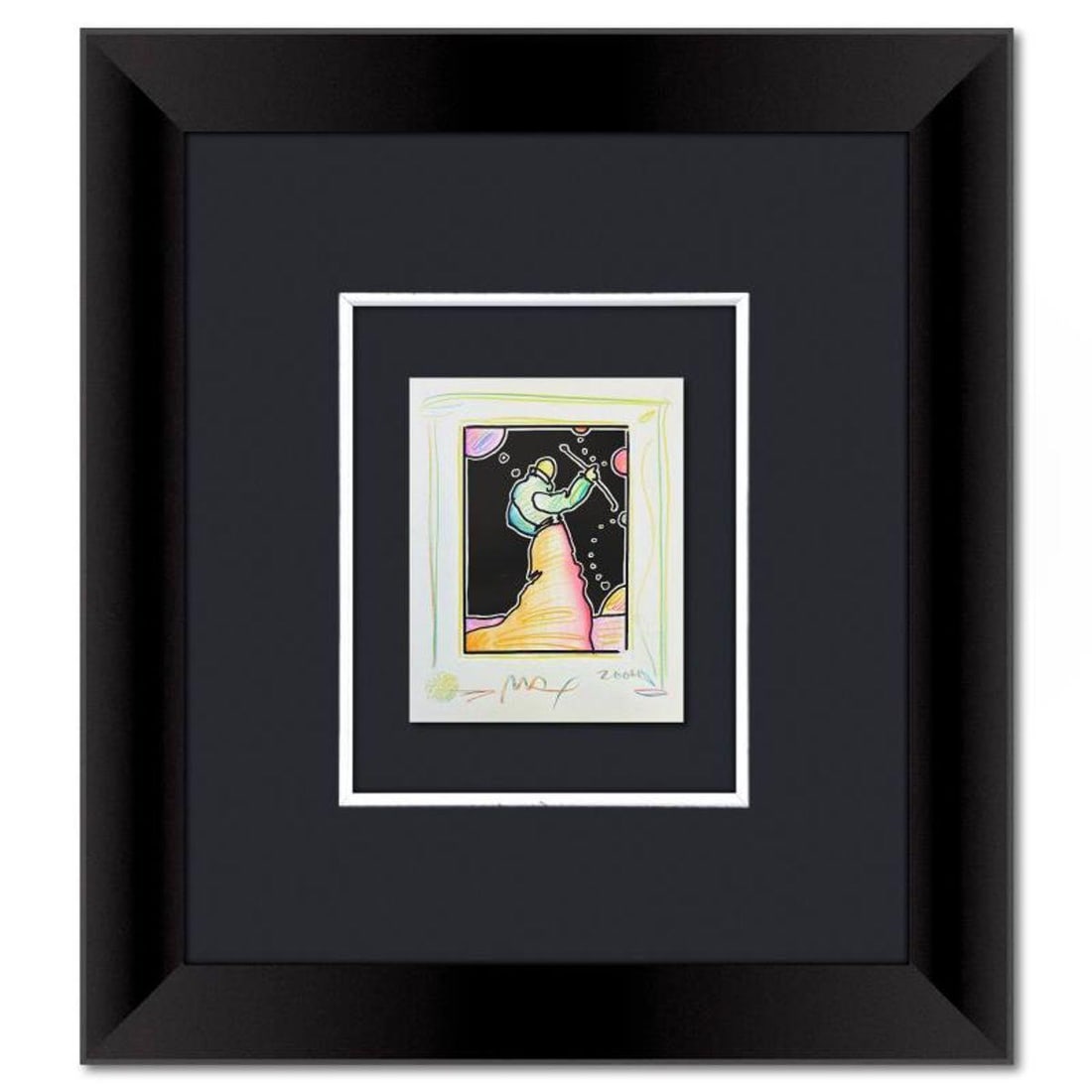 Peter Max, "Sage with Cane" Framed One-of-a-Kind Mixed Media, Hand Signed with Registration Number: Sage with Cane is a one-of-a-kind mixed media on paper, hand signed by Peter Max. The piece comes custom framed with a backside cutout to display Peter Max Studio registration number 339923 certifying