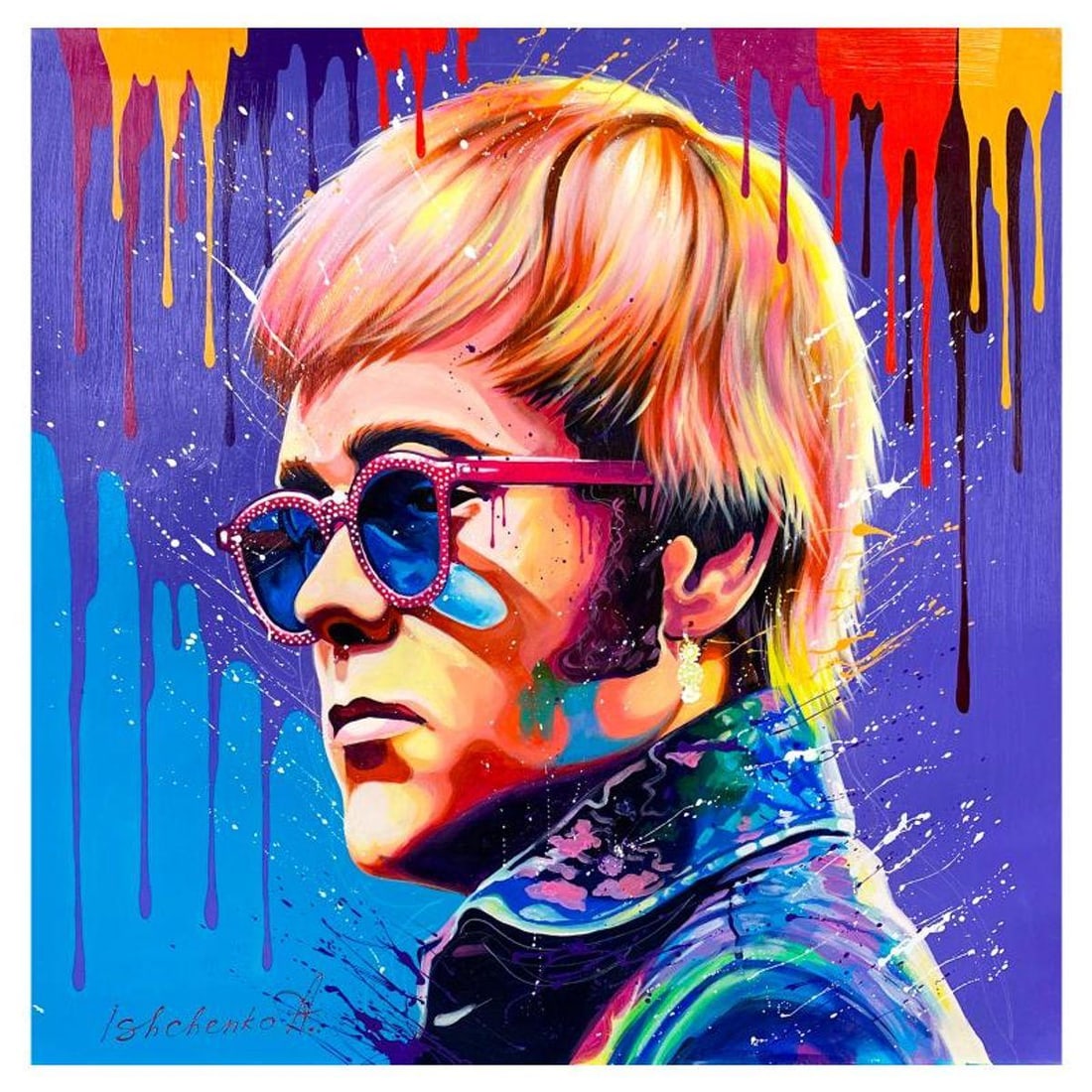 Alexander Ishchenko, "Elton John" Original Acrylic Painting on Canvas, Hand Signed with Letter (1 of 2)
