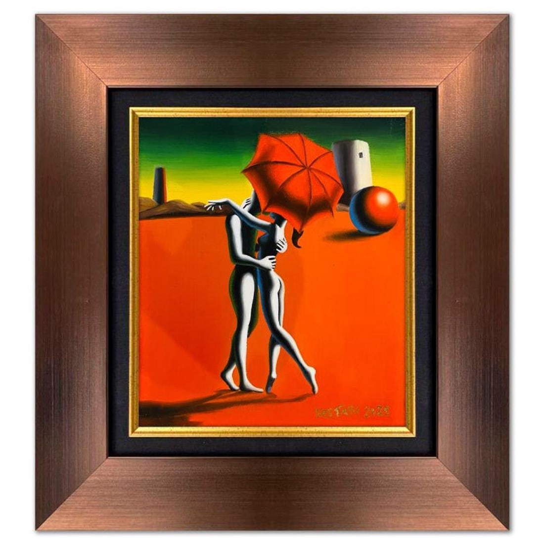Mark Kostabi, "Dance of Destiny" Framed Original Oil Painting on Canvas, Hand Signed with a: Dance of Destiny is an original oil painting on canvas by Mark Kostabi, hand signed by the artist. This piece comes custom framed. Includes Certificate of Authenticity. Measures approx. 22" x 20" (fra
