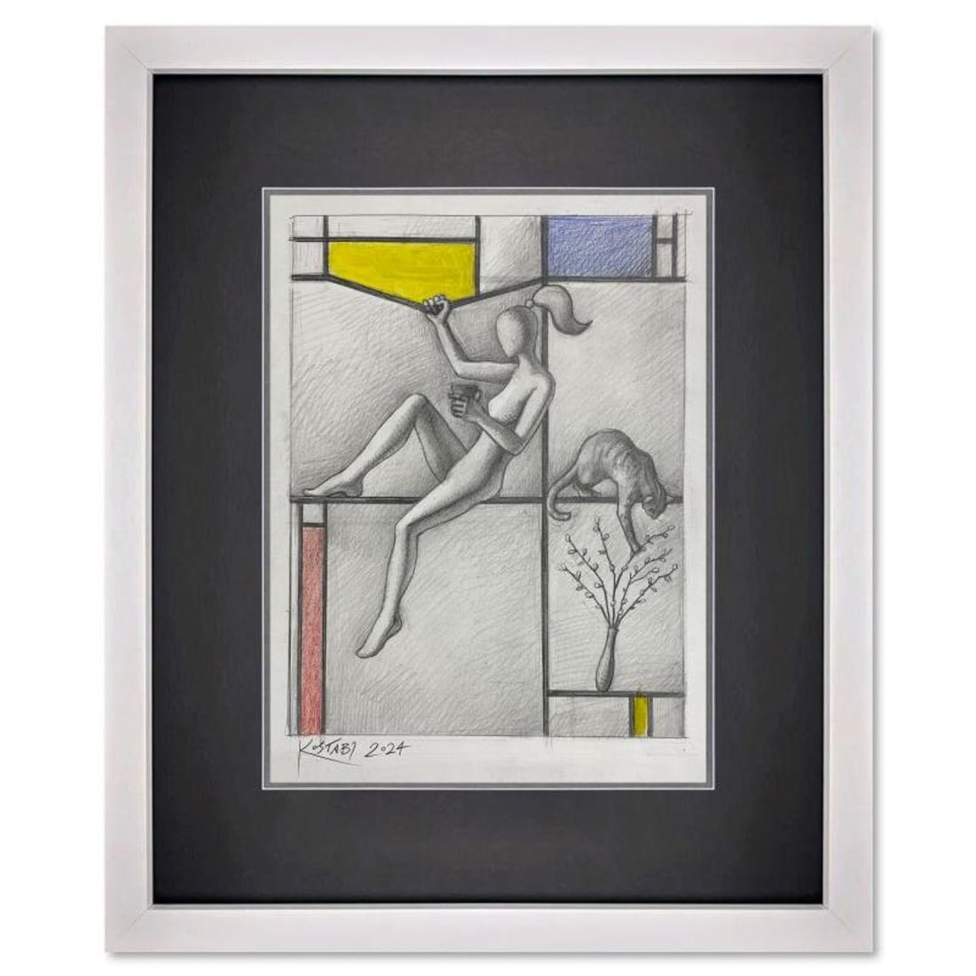 Mark Kostabi, "For Piet's Sake" Framed Original Drawing on Paper, Hand Signed with Certificate of: For Piet's Sake is an original drawing on paper by Mark Kostabi, hand signed by the artist. This piece comes custom framed. Includes Certificate of Authenticity. Measures approx. 17.5" x 14" (frame),