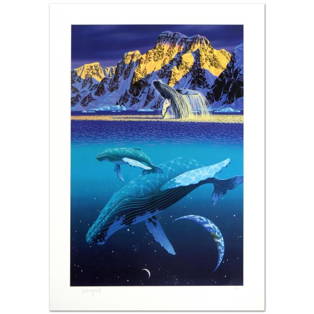 William Schimmel, "The Humpback's World" Limited Edition Serigraph, Numbered and Hand Signed with: The Humpback's World is a limited edition serigraph on paper by William Schimmel, numbered and hand signed by the artist! Includes Certificate of Authenticity! Measures approx. 25" x 35.5" (with borde