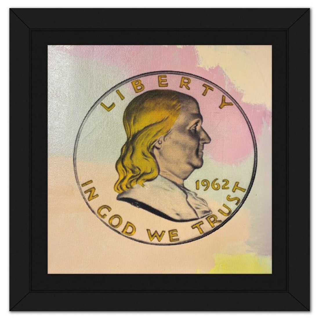 Steve Kaufman (1960-2010), "Ben Half Dollar" Framed Hand Embellished Limited Edition Silscreen,: Ben Half Dollar is a hand embellished limited edition silkscreen on canvas by Andy Warhol protege, Steve Kaufman (1960-2010), numbered 9/50 inverso and hand signed by the artist. This piece comes cust