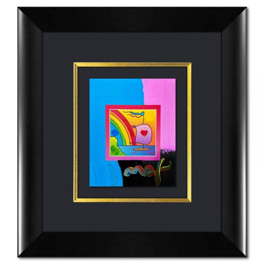 Peter Max, "Sailboat with Heart" Framed One-of-a-Kind Acrylic Mixed Media, Hand Signed with: Sailboat with Heart is a one-of-a-kind acrylic mixed media on paper, hand signed by Peter Max. The piece comes custom framed with a backside cutout to display Peter Max Studio registration number 2480