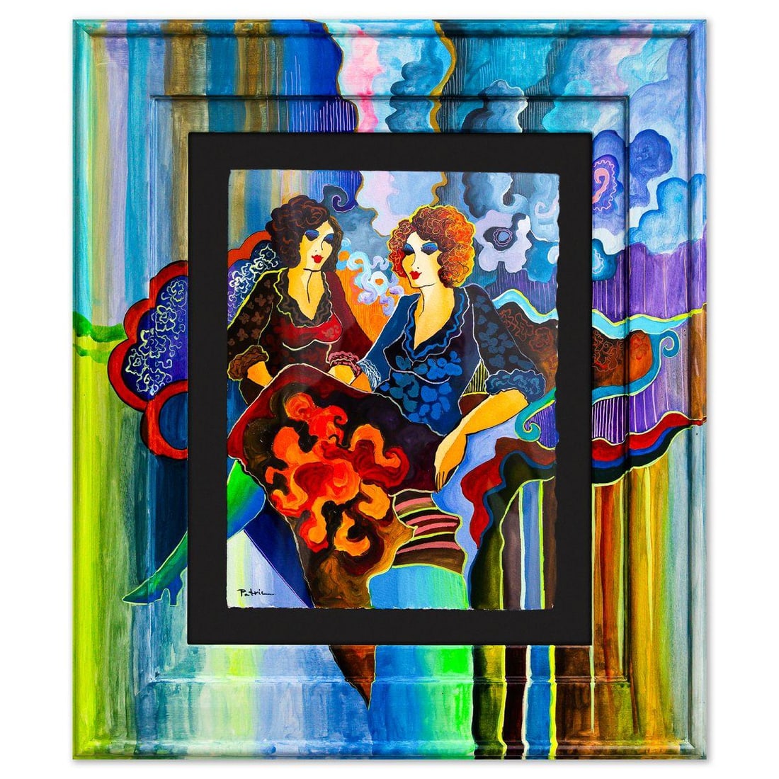 Patricia Govezensky- Original Watercolor with Hand Painted Frame "Parisian Encounters": Artist: Patricia Govezensky. Medium: Original Watercolor with Hand Painted Frame. Title: Parisian Encounters. Size: 15" x 11". Measures approx. 26" x 22" (framed). Signature: Hand Signed by the Artist