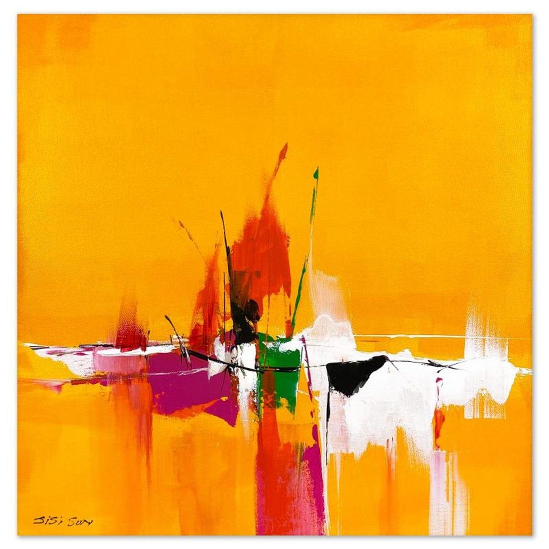 Sisi Sun, "Harbor 1" Original Acrylic Painting on Gallery Wrapped Canvas, Hand Signed with Letter of: Harbor 1 is an original acrylic painting on canvas by Sisi Sun, hand signed by the artist. This piece comes gallery wrapped. Includes Letter of Authenticity. Measures approx. 20" x 20" (image).