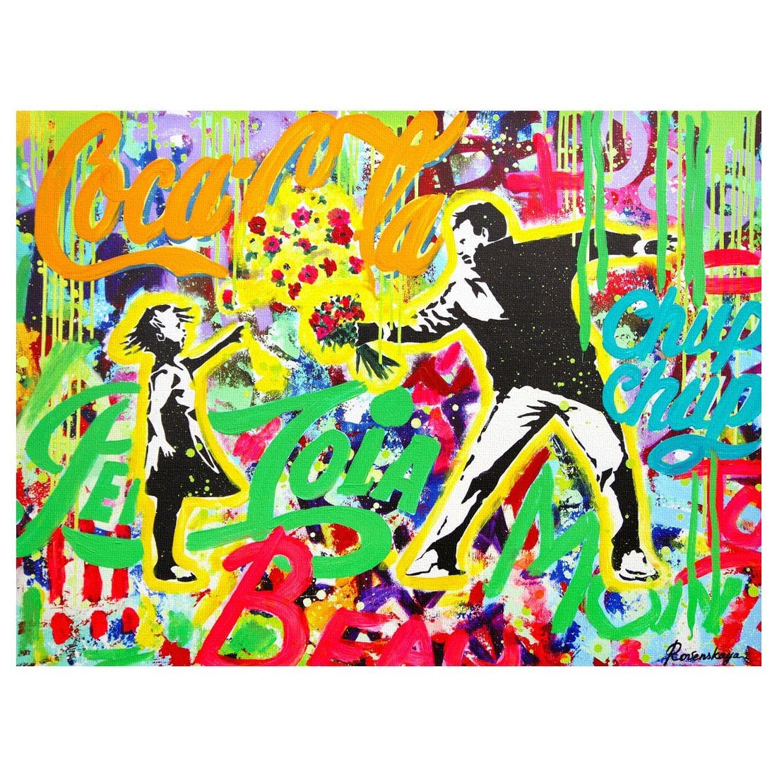 Nastya Rovenskaya- Mixed Media on Canvas "Love Strikes Twice": Artist: Nastya Rovenskaya. Medium: Mixed Media on Canvas. Title: Love Strikes Twice. Size: 30" x 40". Signature: Hand Signed. Certificate of Authenticity: Is included. Reference#: 30197.