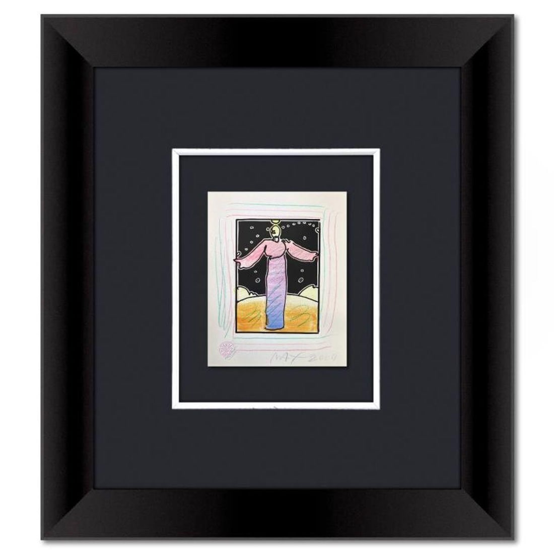Peter Max, Framed One-of-a-Kind Mixed Media, Hand Signed with Registration Number Certifying: This is a one-of-a-kind mixed media on paper, hand signed by Peter Max. The piece comes custom framed with a backside cutout to display Peter Max Studio registration number 370857 certifying authentic