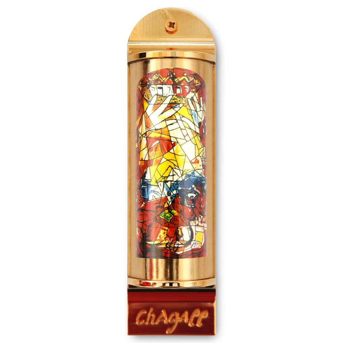 Marc Chagall- Mezuzah/ Silkscreen on 24K gold plated bronze "Judah": Artist: Marc Chagall. Medium: Mezuzah/ Silkscreen on 24K gold plated bronze. Title: Judah. Size: 5.1" x 1.4". Certificate of Authenticity: Is included. Additional: Limited edition of 1800. Full color