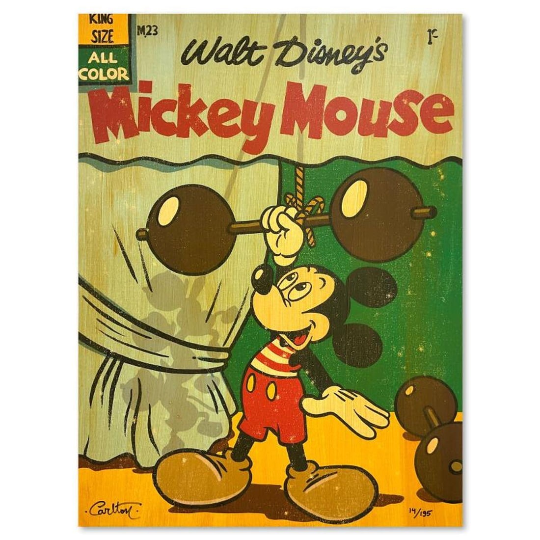 Trevor Carlton, "Muscle Mickey" Limited Edition Gallery Wrapped Canvas from Disney Fine Art,: Muscle Mickey is a limited edition giclee on canvas by Trevor Carlton, numbered 14/195 and hand signed by the artist. This piece is licensed by Disney Fine Art and comes gallery wrapped. Includes Lett