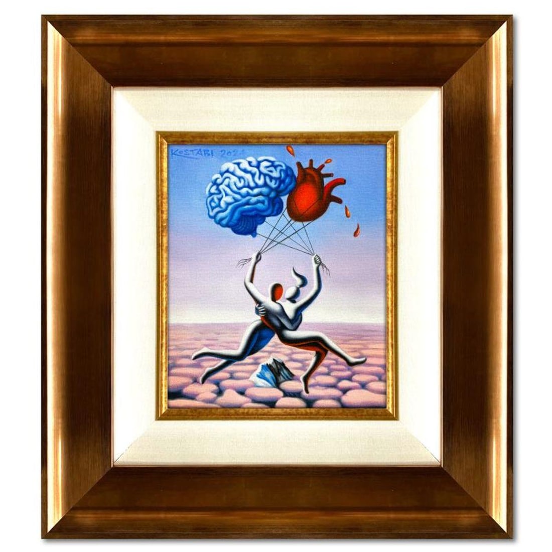Mark Kostabi, "Together Again" Framed Original Oil Painting on Canvas, Hand Signed with Letter of: Together Again is an original oil painting on canvas by Mark Kostabi, hand signed by the artist. This piece comes framed. Includes Certificate of Authenticity. Measures approx. 22" x 20" (frame), 12"