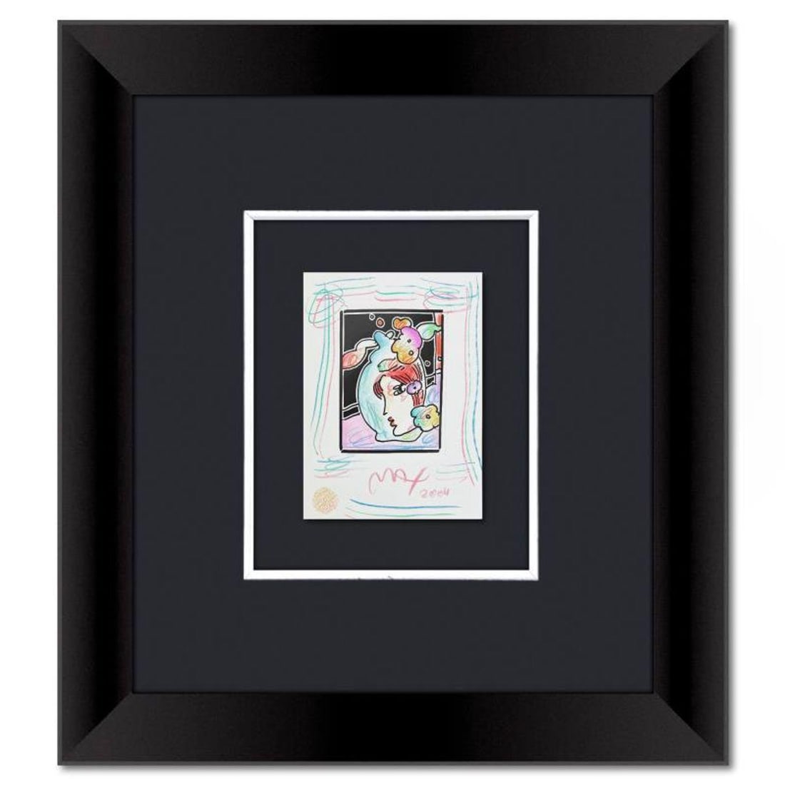 Peter Max, "Profile with Vase" Framed One-of-a-Kind Mixed Media, Hand Signed with Registration: Profile with Vase is a one-of-a-kind mixed media on paper, hand signed by Peter Max. The piece comes custom framed with a backside cutout to display Peter Max Studio registration number 338823 certify
