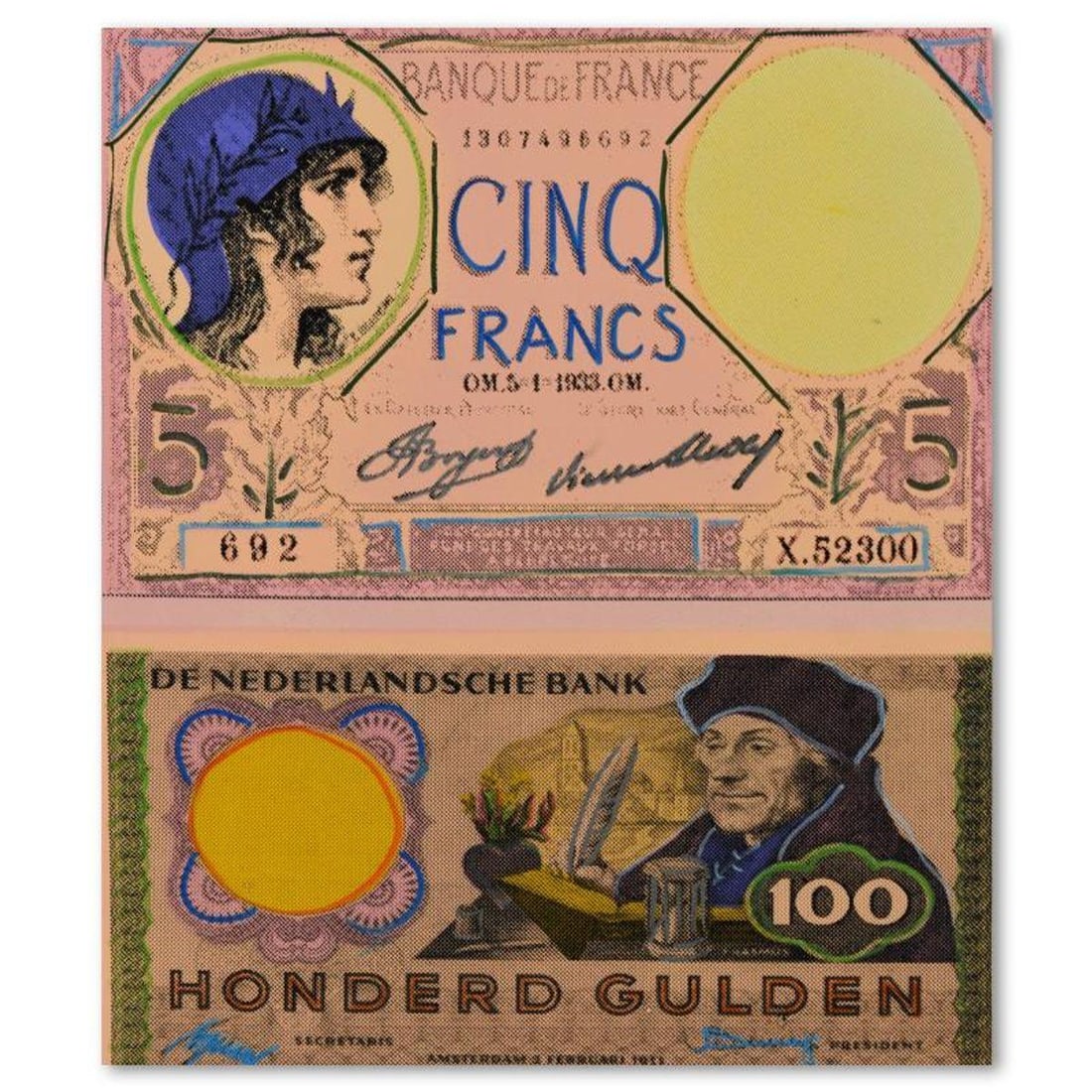 Steve Kaufman (1960-2010), "Cinco Francs and Honderd Guilden" Hand Painted, Hand Pulled Limited: Cinco Francs and Honderd Guilden is a hand painted, hand pulled limited edition silkscreen on canvas by Andy Warhol protege, Steve Kaufman (1960-2010). This piece is Numbered 34/50 and hand signed inv