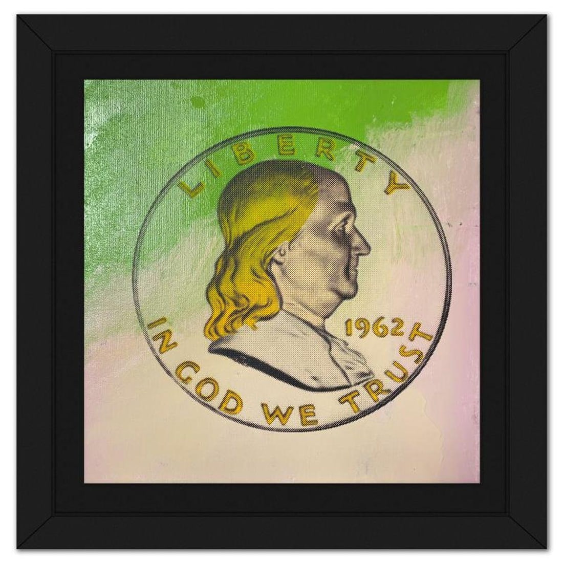 Steve Kaufman (1960-2010), "Ben Half Dollar" Framed Hand Embellished Limited Edition Silscreen,: Ben Half Dollar is a hand embellished limited edition silkscreen on canvas by Andy Warhol protege, Steve Kaufman (1960-2010), numbered 25/50 inverso and hand signed by the artist. This piece comes cus