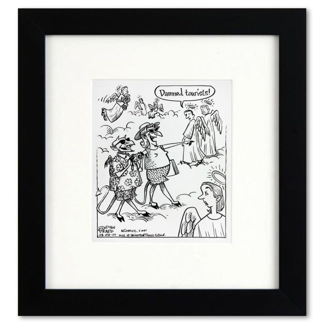 Bizarro, "Heaven Tourists" is a Framed Original Pen & Ink Drawing by Dan Piraro, Hand Signed with: Enter a surreal and satirical world of twisted imagination and award winning creativity. "Heaven Tourists" is an original pen & ink drawing on paper by Dan Piraro, creator of the critically acclaimed