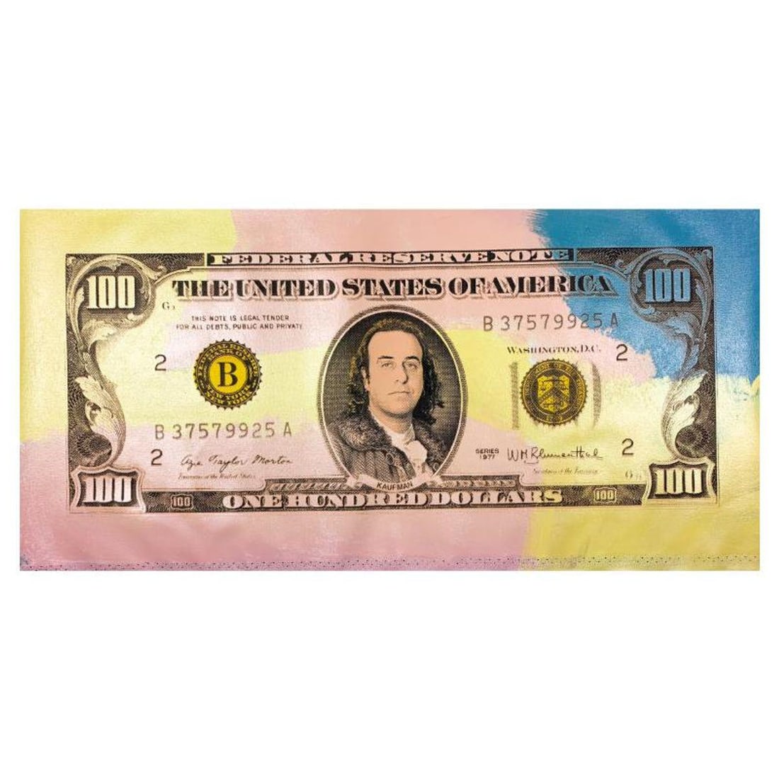 Steve Kaufman (1960-2010), "Kaufman $100" Hand Signed Limited Edition Hand Pulled silkscreen Mixed: Kaufman $100 is a limited edition hand pulled silkscreen unique mixed media on canvas by Andy Warhol protege Steve Kaufman (1960-2010). This piece is numbered and hand signed inverso and includes a