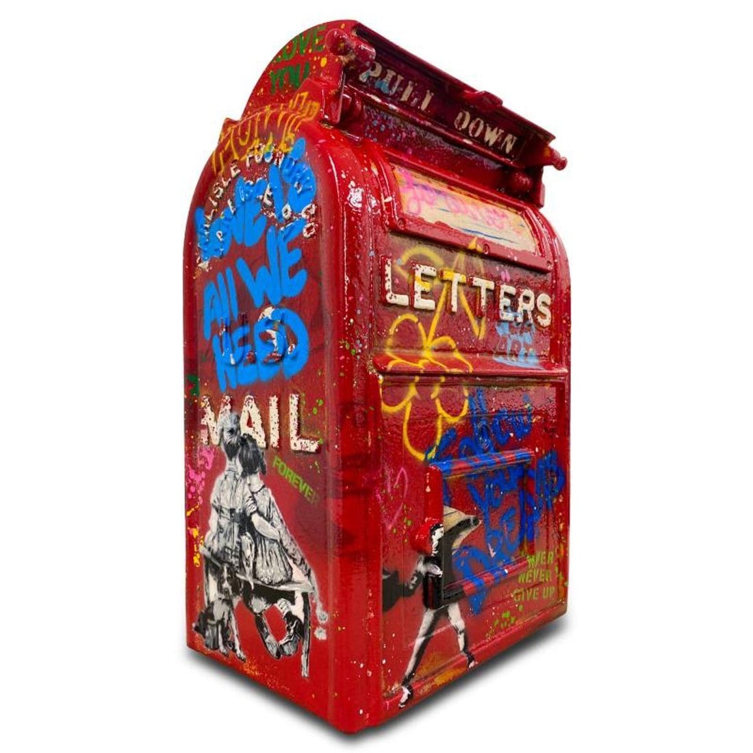 Mr. Brainwash, "Mailbox" Fiberglass Sculpture, Hand Signed with Certificate of Authenticity.: Mailbox is an original mixed media fiberglass sculpture by Mr Brainwash, hand signed by the artist. Includes Certificate of Authenticity. Measures approx. 20" x 13" x 8.5".