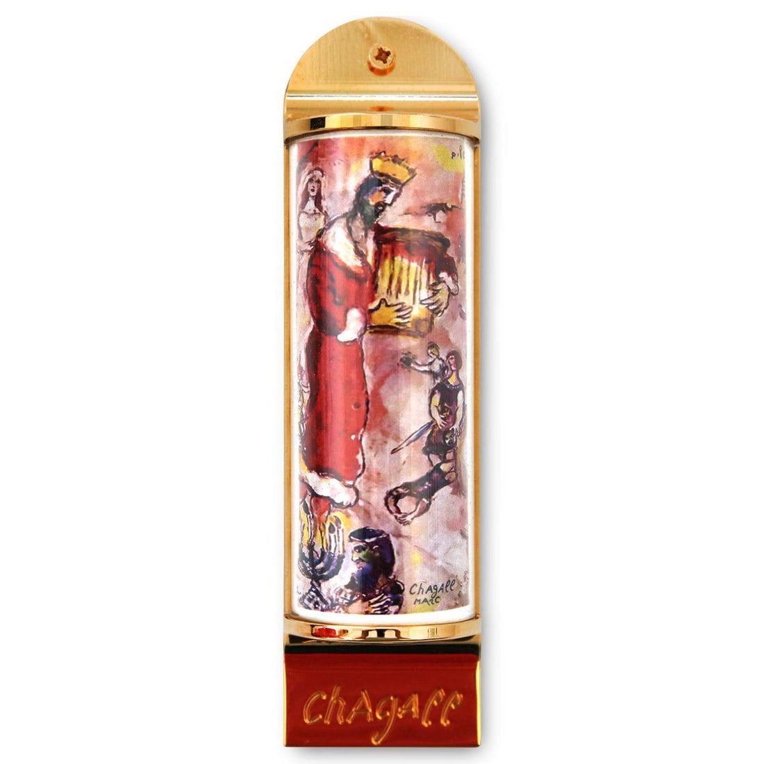 Marc Chagall- Mezuzah/ Silkscreen on 24K gold plated bronze "King David": Artist: Marc Chagall. Medium: Mezuzah/ Silkscreen on 24K gold plated bronze. Title: King David. Size: 5.1" x 1.4". Certificate of Authenticity: Is included. Additional: Limited edition of 1800. Full c