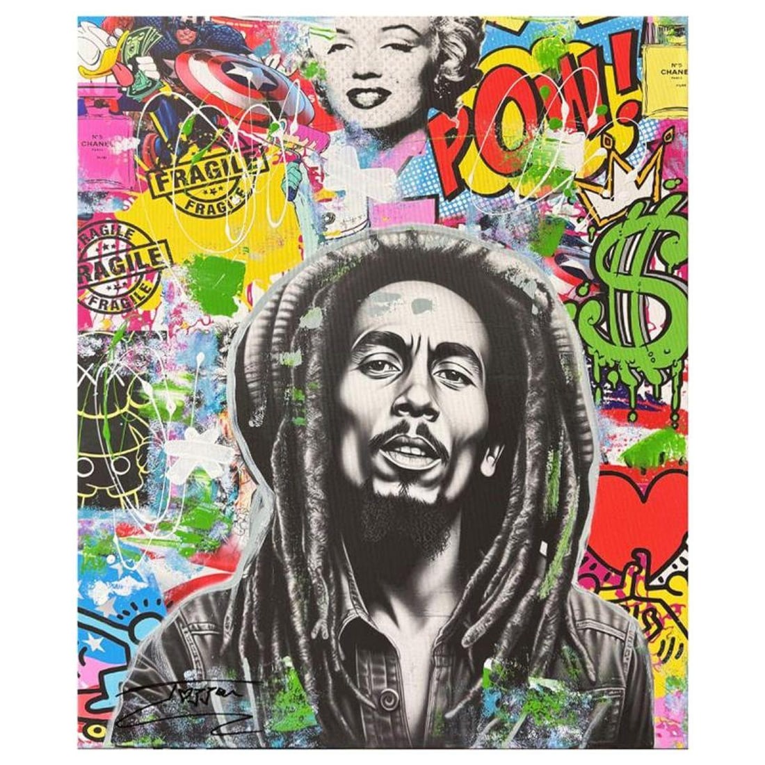 Jozza, "Marley Forever" Unique Mixed Media on Canvas, Hand Signed Inverso with Letter of (1 of 1)