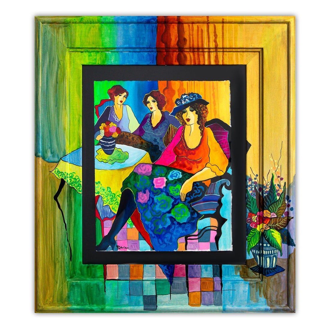 Patricia Govezensky- Original Watercolor with Hand Painted Frame "Serenade of Friends": Artist: Patricia Govezensky. Medium: Original Watercolor with Hand Painted Frame. Title: Serenade of Friends. Size: 14" x 11". Measures approx. 24.5" x 21.5" (framed). Signature: Hand Signed by the Ar