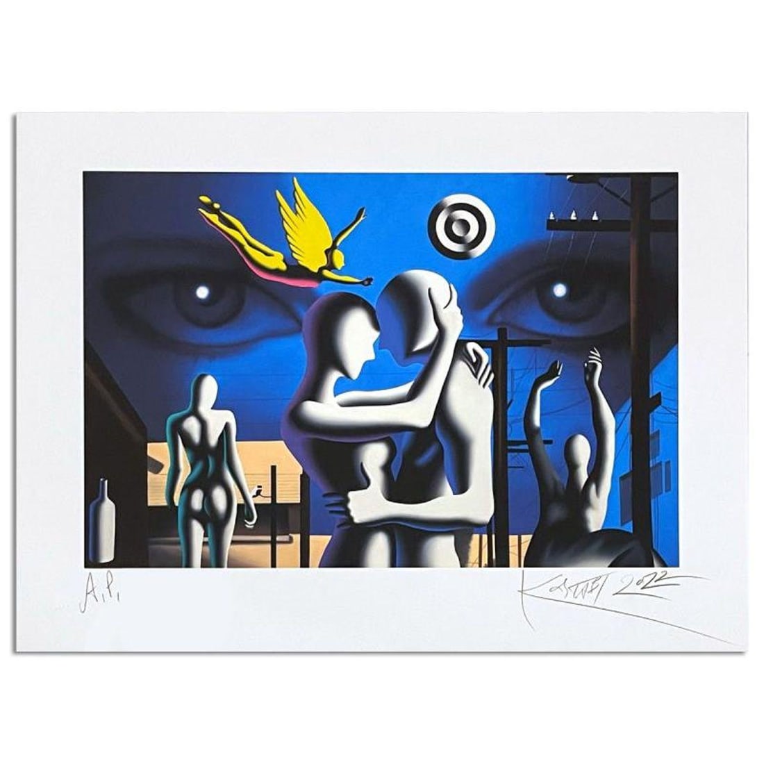 Mark Kostabi, "The Alternating Current of Desire" Hand Signed Limited Edition Giclee with Letter of: The Alternating Current of Desire is a limited edition giclee on paper by Mark Kostabi. Hand Signed by the artist, the piece comes numbered and with a letter of authenticity. Measures approximstely 22