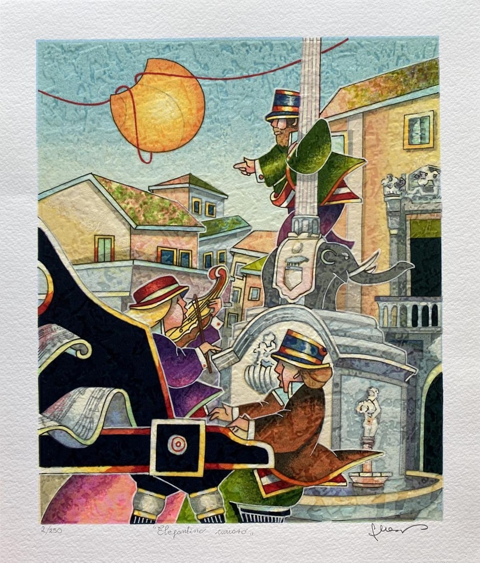 Francesco Nesi- Original Serigraph on Paper "ELEFANTINO CURIOSO": Artist: Francesco Nesi. Medium: Original Serigraph on Paper. Title: ELEFANTINO CURIOSO. Size: 14" x 12". Signature: Hand Signed and Numbered by the Artist. Certificate of Authenticity: Is Included. Re