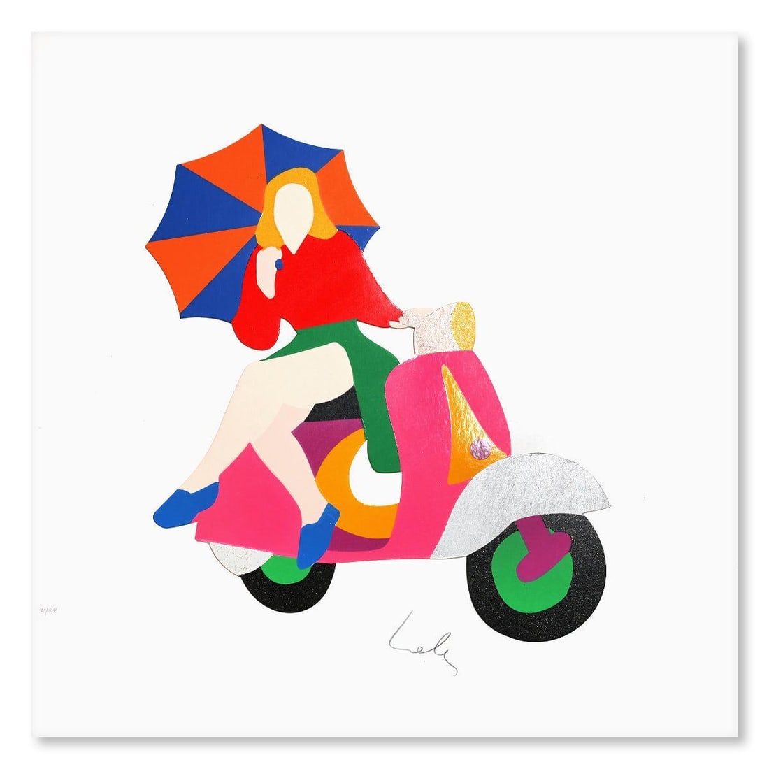 Marco Lodola- Silkscreen "Girl in Vespa": Artist: Marco Lodola. Medium: Silkscreen. Title: Girl in Vespa. Size: 20" x 20". Signature: Hand Signed and Numbered. Certificate of Authenticity: Is included. Reference#: 28021.