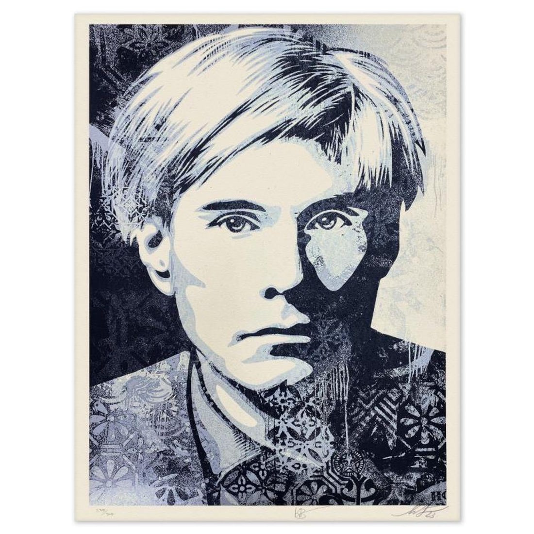 Shepard Fairey & Karen Bystedt, "Warhol Collage (Silver)" Limited Edition Screen Print, Numbered: Warhol Collage (Silver) is a limited edition screen print on thick cream Speckletone paper by Shepard Fairey. This piece is numbered 238/300 and hand signed by both Fairey and Karen Bystedt - the phot