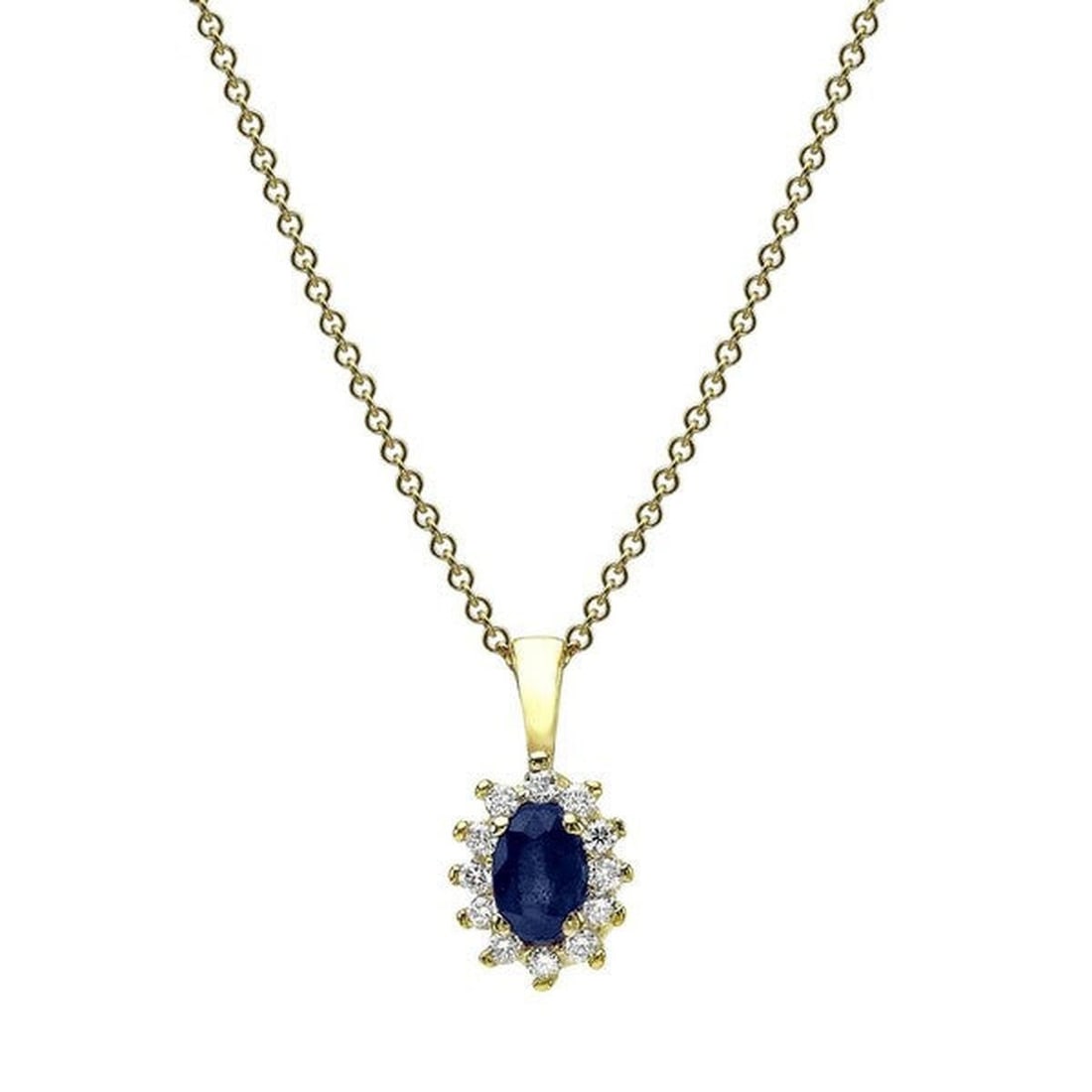 14kt Yellow Gold 0.35ctw Diamond Pendant: One 14k yellow gold pendant Jewelry Weight: 1.9Grs Total Diamonds Weight: 0.35Cts Main Stones Description: Quantity: 1 Cut and shape: Oval Carats Weight: 0.35 Color: Sapphire Side Stones Description: