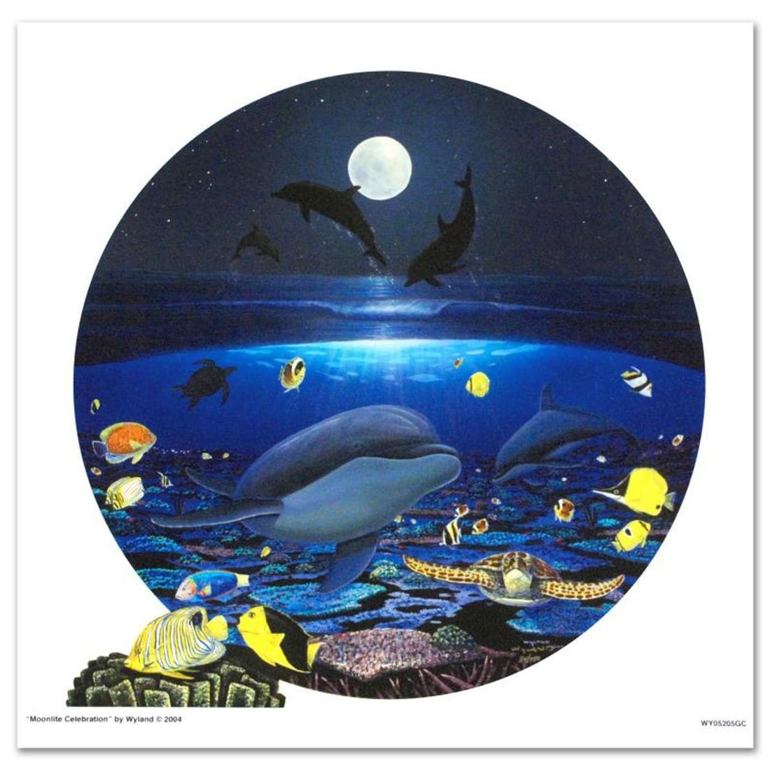 Moonlight Celebration Limited Edition Giclee on Canvas by renowned artist WYLAND, Numbered and Hand: Wyland's true love for nature is so clearly conveyed in each of his brilliantly detailed works. "Moonlight Celebration" is a limited edition giclee on canvas, numbered and hand signed by Wyland! Inclu
