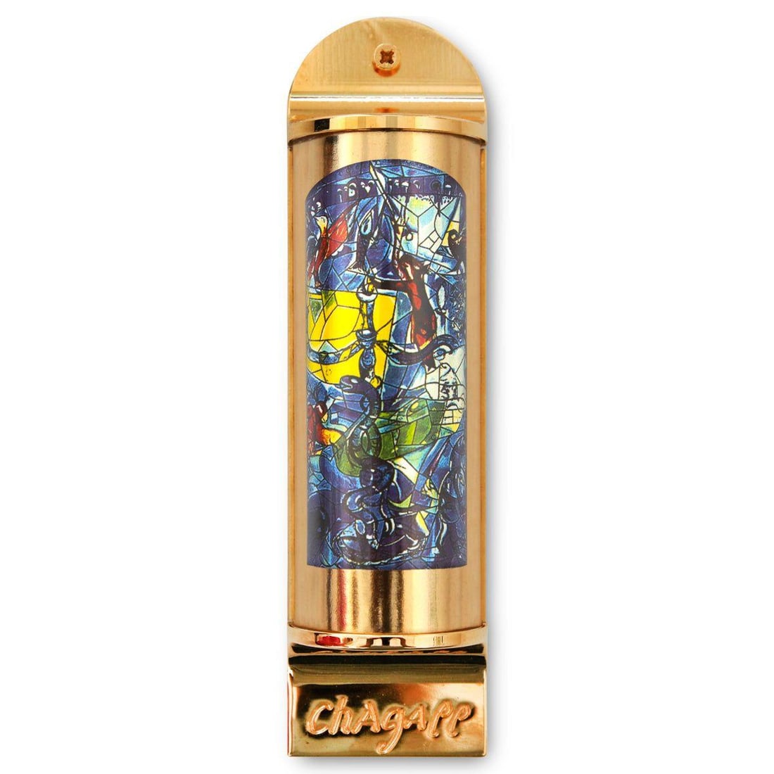Marc Chagall- Mezuzah/ Silkscreen on 24K gold plated bronze "Dan": Artist: Marc Chagall. Medium: Mezuzah/ Silkscreen on 24K gold plated bronze. Title: Dan. Size: 5.1" x 1.4". Certificate of Authenticity: Is included. Additional: Limited edition of 1800. Full color si